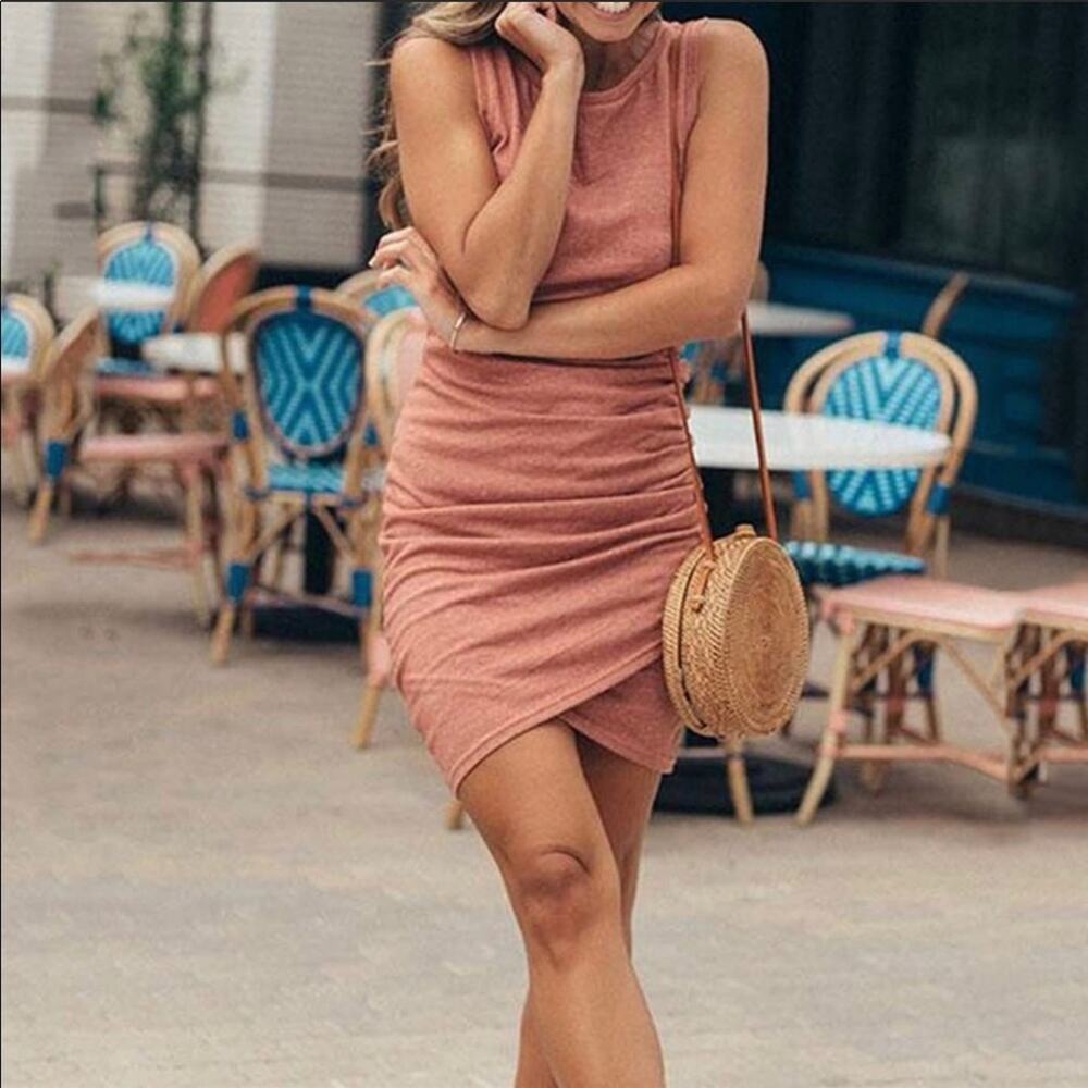 Nordstrom Leith Sleeveless Ruched Bodycon Mini Tank Dress Medium Orange Cocktail - Picture 7 of 8